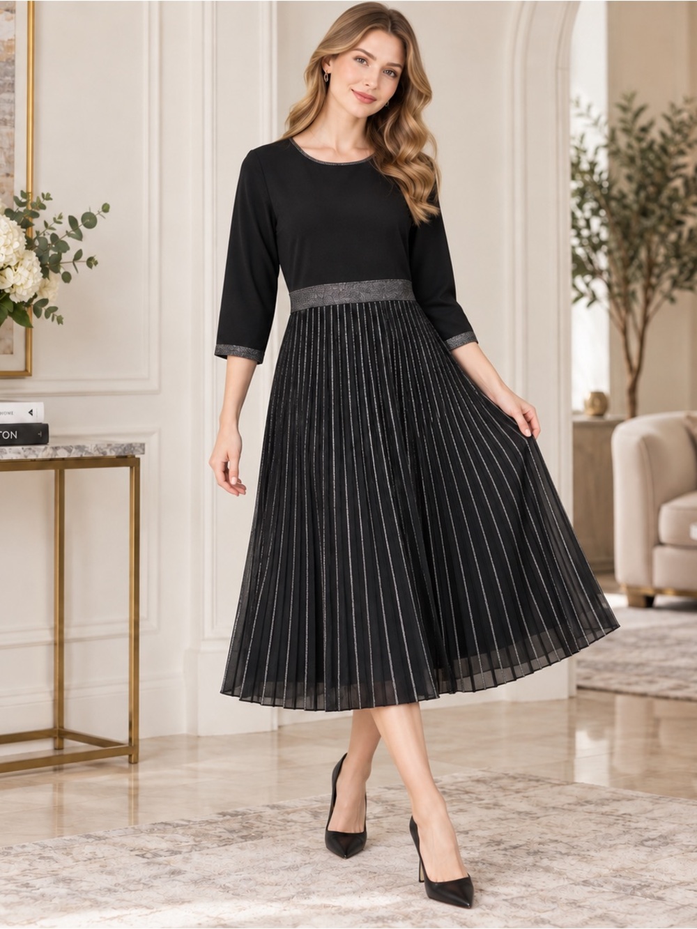 London Times Black Pleated Midi Dress with Metallic Accents